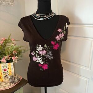 The Limited Stretch Y2k Brown Ribbed Pink Floral Embroidery Sleeveless Blouse M